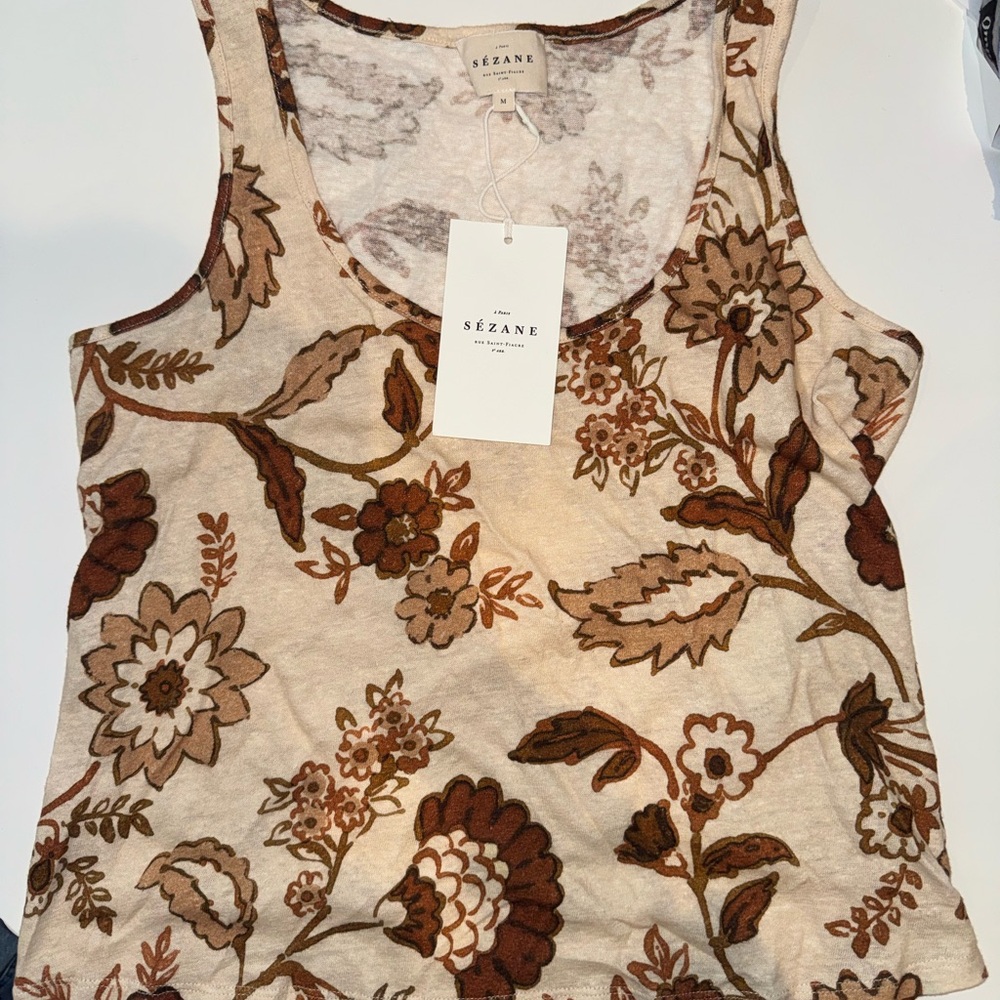Sézane Cream Tank Top with Brown Floral Print